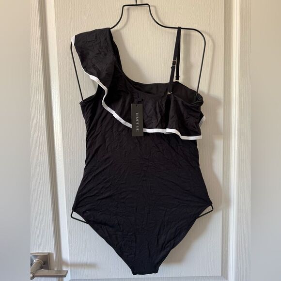 Tempt Me Women’s Black One Piece Swimsuit Tummy Control 1 Shoulder Ruffle M NWT - Picture 5 of 8